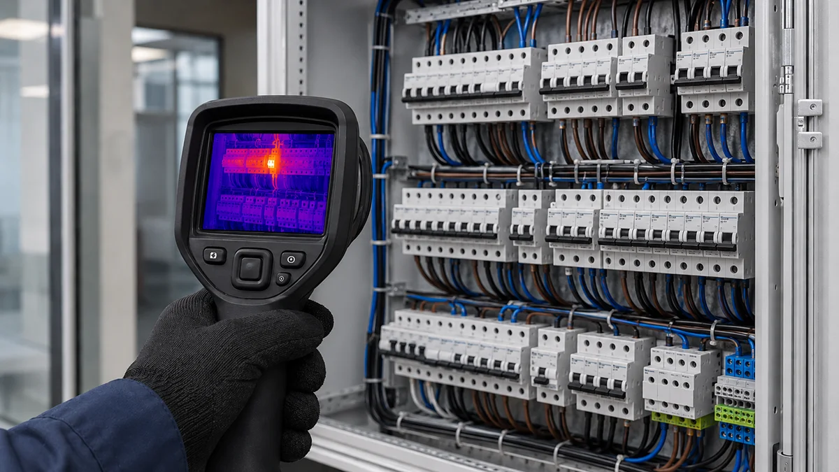 Termovizoriumi atliekama elektros skydo patikra, ekrane matomas šiluminis elektros komponentų vaizdas.