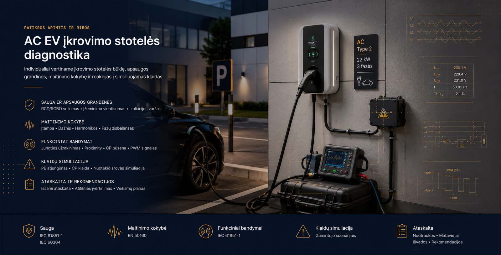 EV įkrovimo stotelės diagnostikos vizualas su techninės patikros, saugos ir signalų vertinimo motyvais