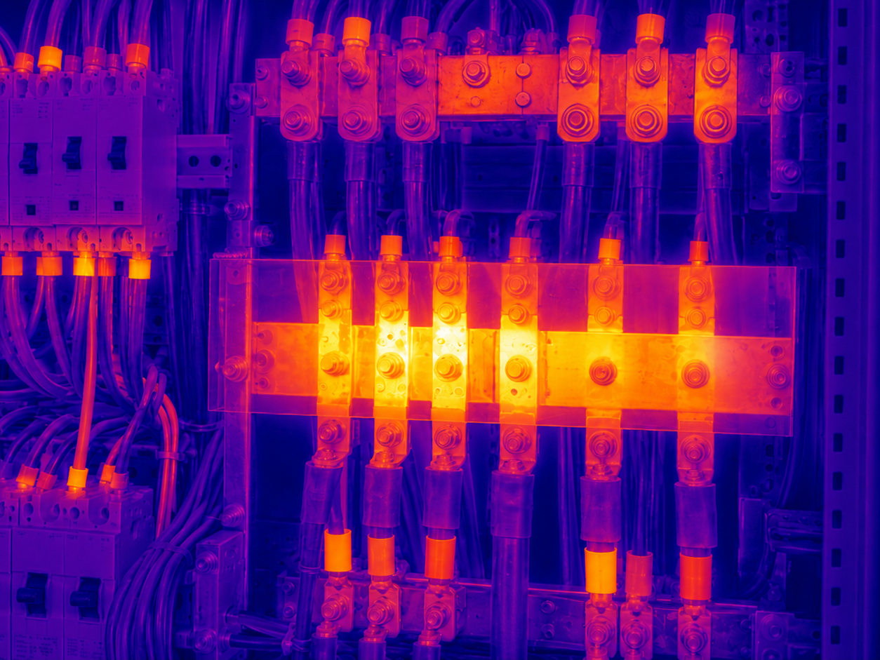 Termovizinis elektros skydo vaizdas su ryškiu perkaitimo tašku ant varinės magistralės jungties