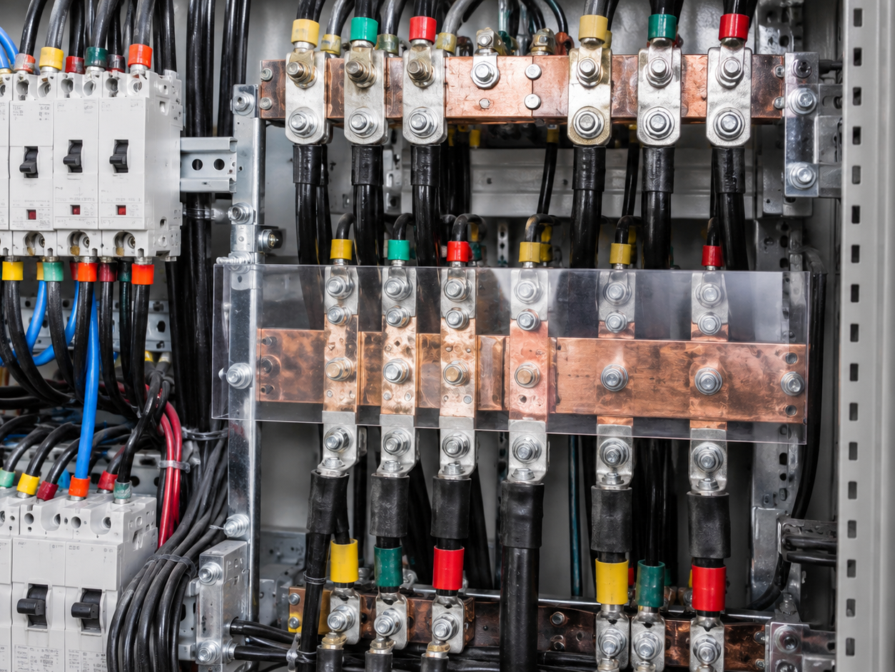 Elektros paskirstymo skydo varinės magistralės, jungtys ir automatiniai jungikliai įprastoje nuotraukoje